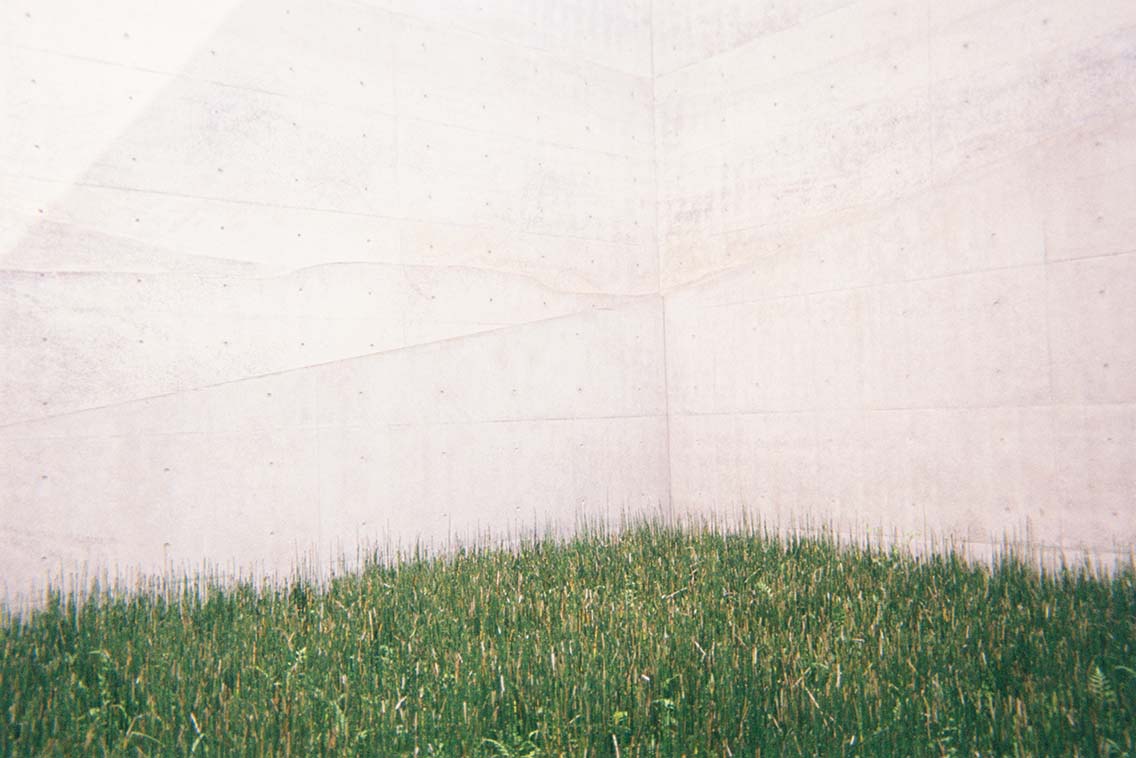 Picture of two white concrete walls and grass, part of Tadao Ando's minimalist architectural project at the Chichu Art Museum on Naoshima Island