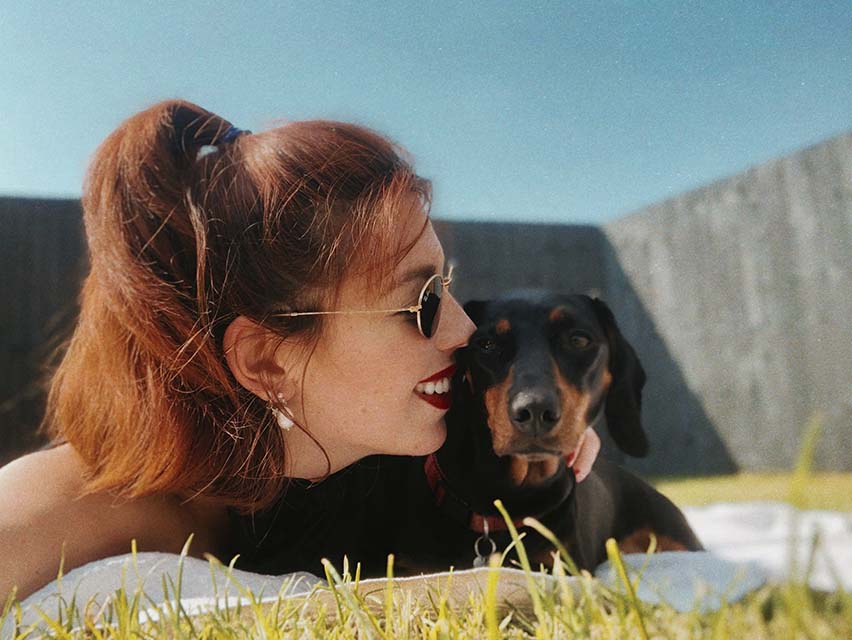 Round image of me with my little Dachshund, Sherbet